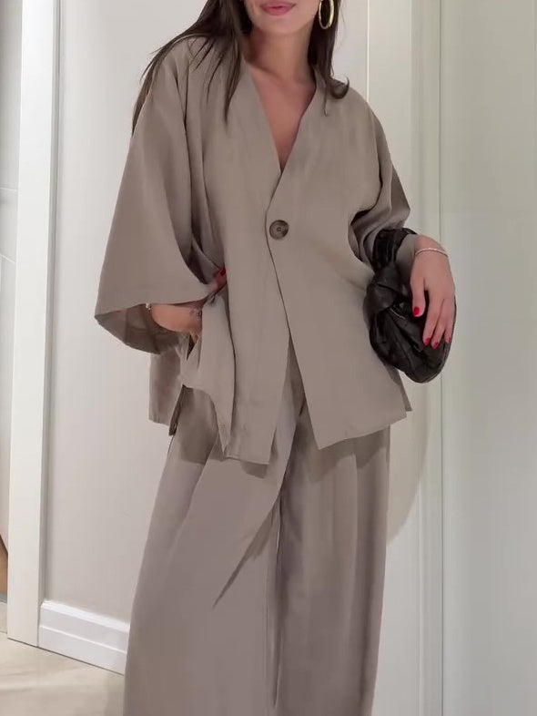Sera – Solid Color Single Button Top & Pants Set