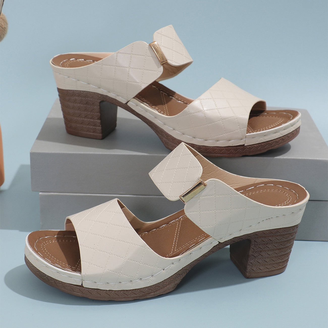 Camille – Plaid Chunky Heel Slide Sandals