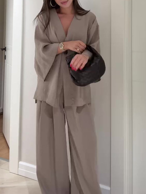 Sera – Solid Color Single Button Top & Pants Set