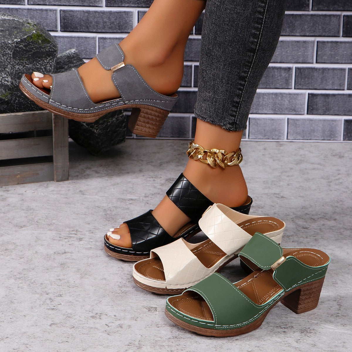 Camille – Plaid Chunky Heel Slide Sandals
