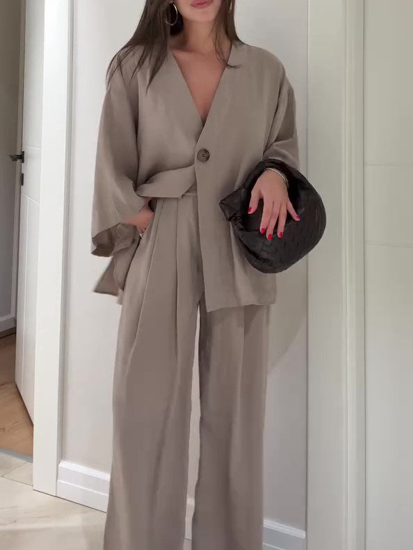 Sera – Solid Color Single Button Top & Pants Set