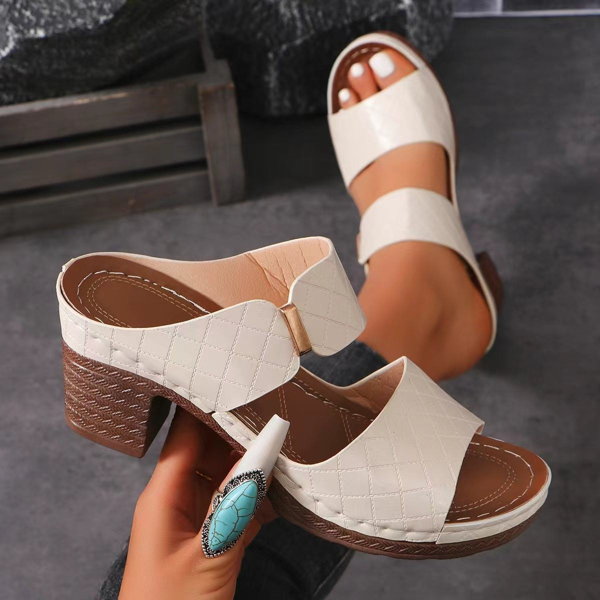Camille – Plaid Chunky Heel Slide Sandals