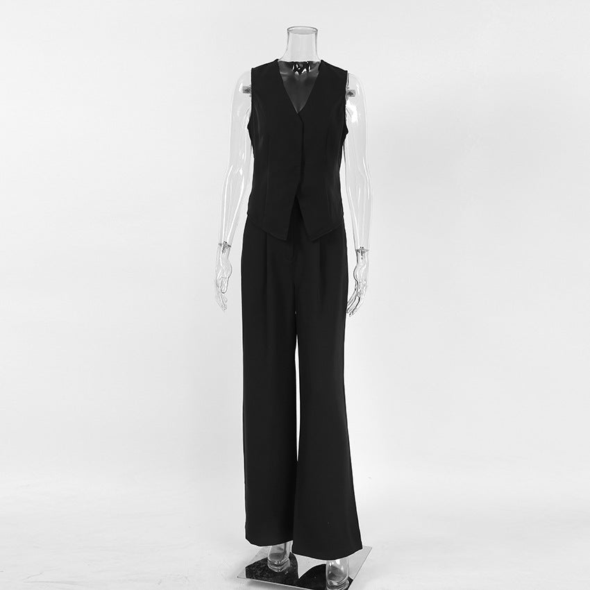 Latvi – Black Slim V-Neck Sleeveless Vest & Straight Leg Trousers Suit